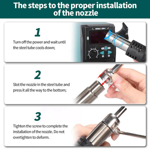 Steps to install nozzle on 959D I Digital Hot Air Rework Station For SMD Reflow Soldering with instruction steps 1-3 shown