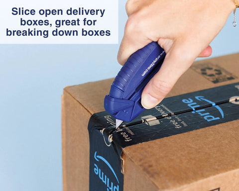 Using 4-In-1 Box Cutter And Package Opener Tool With Heavy Duty Scissors Retractable Blade And Screwdriver For Fast Box Opening And Plastic Packaging Go-To Home Hack Blue to open box tape