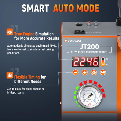JT200 Fuel Injector Tester display showing engine simulation and timing controls for accurate spray pattern and flow rate analysis.