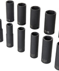 3/8 Inch Drive Deep Socket Set, 12-Piece With Universal Molded Case, arranged showing sizes for auto and motorcycle projects