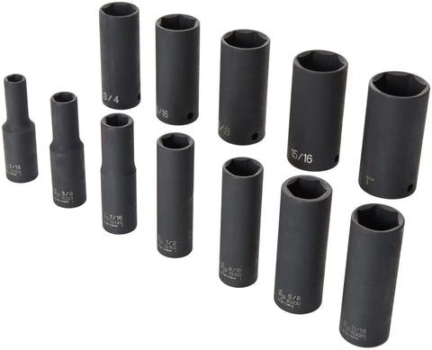 3/8 Inch Drive Deep Socket Set, 12-Piece With Universal Molded Case, arranged showing sizes for auto and motorcycle projects