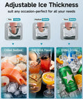 Heavy Duty Commercial Ice Maker Machine Delivers 100 Lbs Per Day, Stainless Steel Under Counter Freestanding Ice Maker With 33 Lb Ice Storage, Produces Clear Ice Cubes In About 11 To 15 Minutes, showing ice thickness options and uses with seafood