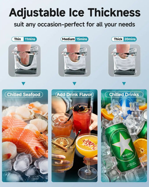 Heavy Duty Commercial Ice Maker Machine Delivers 100 Lbs Per Day, Stainless Steel Under Counter Freestanding Ice Maker With 33 Lb Ice Storage, Produces Clear Ice Cubes In About 11 To 15 Minutes, showing ice thickness options and uses with seafood