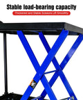 Side view of blue steel hydraulic lift table cart with black top platform