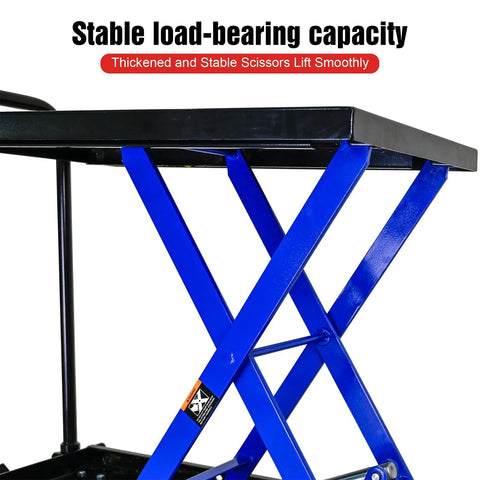 Side view of blue steel hydraulic lift table cart with black top platform