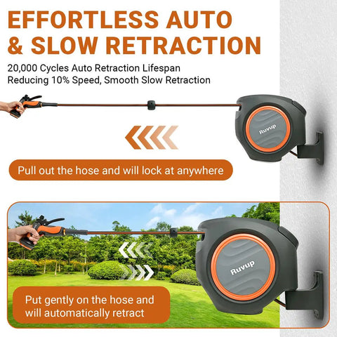 Retractable Garden Hose Reel With Auto Retraction, 5/8 Inch By 100 Foot Hose, Wall Mount, UV resistance demonstrated
