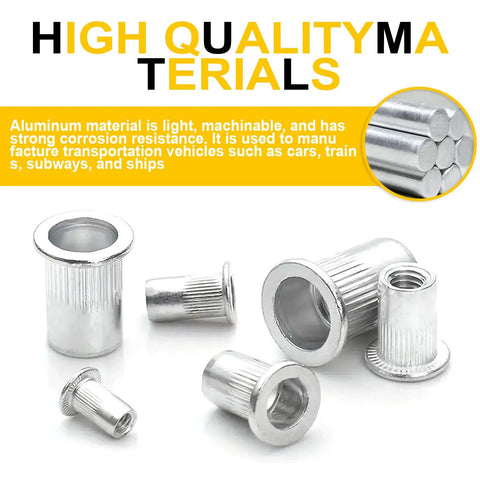 Flat Head Aluminum Rivet Nuts Kit With 110 Pieces In M3 M4 M5 M6 M8 Sizes, heavy duty aluminum alloy fasteners with knurled bodies