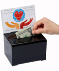 Hand placing dollar in Lockable Acrylic Donation Box for Fundraisers and Raffles Multipurpose Suggestion Box with Slot and Sign Holder.