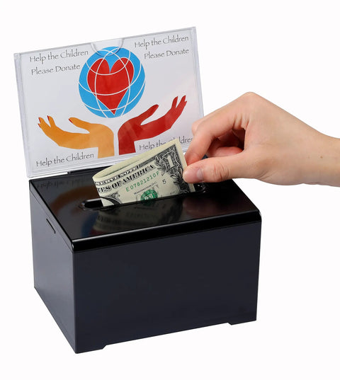 Hand placing dollar in Lockable Acrylic Donation Box for Fundraisers and Raffles Multipurpose Suggestion Box with Slot and Sign Holder.