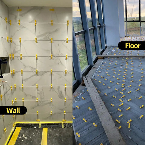 Tiles on wall and floor with One Sixteenth Inch Tile Leveling Clips Kit With 2000 Pieces Leveling System Spacers For Installations