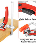 Two Pack Ratcheting Table Clamps With Quick Bar For Easy Grip, 0 To 6 Inch Clamping Range, mounted on MFT table, alloy steel