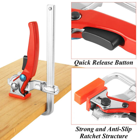 Two Pack Ratcheting Table Clamps With Quick Bar For Easy Grip, 0 To 6 Inch Clamping Range, mounted on MFT table, alloy steel