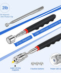 Telescoping Magnetic Tool Set With LED Light And Inspection Mirror, 4 Pack Magnetic Pickup Tools with 2lb to 20lb reach