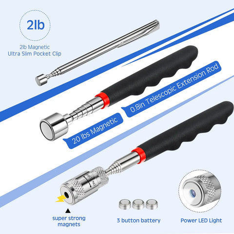 Telescoping Magnetic Tool Set With LED Light And Inspection Mirror, 4 Pack Magnetic Pickup Tools with 2lb to 20lb reach