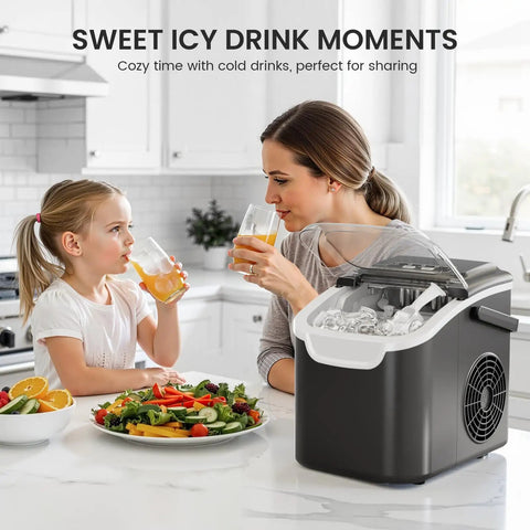 Portable Countertop Ice Maker That Makes Bullet Ice Pretty Dang Fast With Zero Fuss And Self Cleaning Features Providing Two Cube Size Choices For House Parties Producing 26 Pounds Daily In Modern Black with family enjoying drinks.