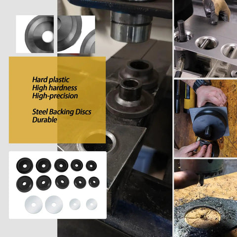 Dimple Die Set With Steel Backing Discs For Harbor Freight Hydraulic Punch Driver Kit includes dies and discs in use