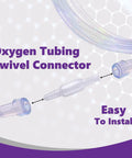 Oxygen tubing swivel connector, clear plastic with male ends, connected between two tubing segments (front view).