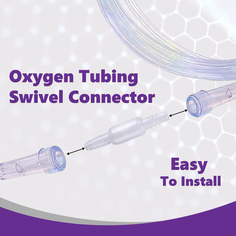 Oxygen tubing swivel connector, clear plastic with male ends, connected between two tubing segments (front view).