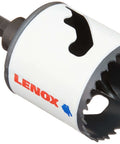 Lenox hole saw with arbor, 2-inch; white housing with red Lenox logo and serrated cutting teeth.