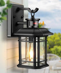 Motion Activated Outdoor Wall Lantern With Dusk To Dawn Sensor In Black Aluminum Anti Rust Finish For Farmhouse Exterior Lighting