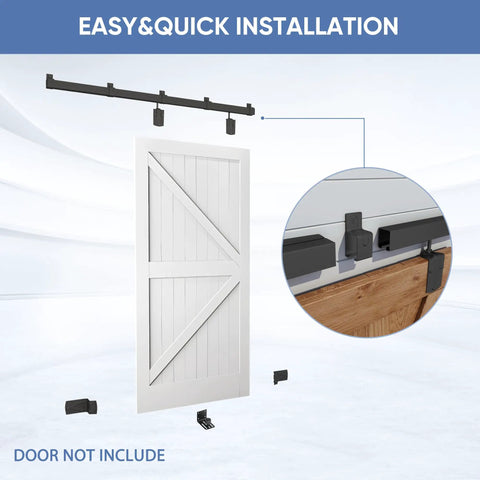 Five Foot Exterior Sliding Barn Door Hardware Kit Built Tough Heavy Duty Track System For Indoor And Outdoor Doors Wall Mount Black Galvanized Steel With Weatherproof Floor Guide shown in installation view