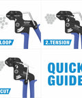 Quick guide showing Metal Zip Tie Gun For Stainless Steel Cable Ties in loop, tension, and cut steps, with blue handles.
