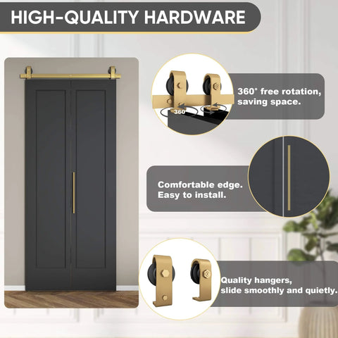 36 Inch By 84 Inch Bi-Fold Barn Door With Brushed Gold Hardware Kit, Hollow Core Interior Folding Sliding Door In Textured Black