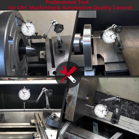 Dial indicator with magnetic base mounted on a lathe for precision measurement