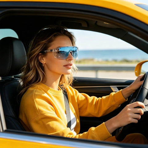 Woman wearing Straight Up Photochromic Safety Sunglasses With Polarized Optics driving in a yellow car by the sea.