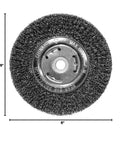 Six Inch Wide Face Bench Grinder Wire Wheel with steel bristles for rust removal and surface cleaning on metal gear.