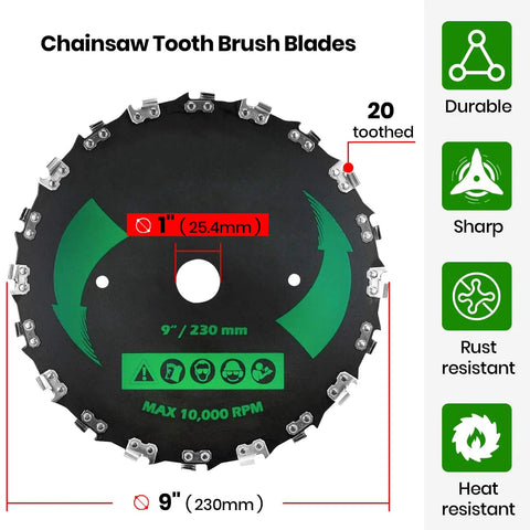 9 Inch 20 Tooth Brush Cutter Blade Kit With 2 Blades, 3 Round Files And 4 Washers For Trimmer And Weed Eater, Carbon Steel, Universal 1 Inch Arbor, Compatible With Gas Or Electric Straight Shaft Trimmers, Cuts Like Butter