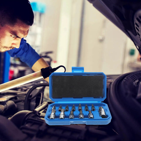 Grab This Slick 13pc Impact Socket Set For Your Garage Makeover with Heavy Duty Chrome Vanadium Steel Internal Hexagon Bit Heads Perfect Grip And Easy Storage For Any Wrench Or Ratchet Job in blue case
