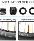 Installation method of Bike Vacuum Tire Valve Nut For Presta Inner Tubes showing step-by-step sealing and tightening