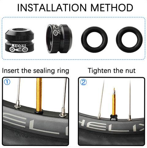 Installation method of Bike Vacuum Tire Valve Nut For Presta Inner Tubes showing step-by-step sealing and tightening