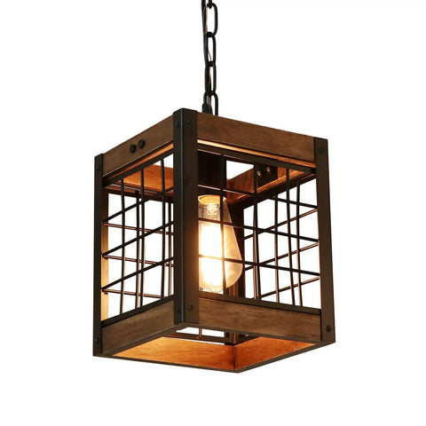 Rustic wood kitchen island chandelier with industrial black metal frame and cage design, pendant light with cozy warm vibe, UL listed