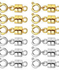Magnetic Necklace Clasps Set For Easy No Fuss Closures And Arthritis Friendly Wear, 12 Pack With L 0.71 Inch By 0.27 Inch Size, Ultra Lite 0.026 Ounce, 14K Gold And Silver Bracelet Converter For Women, front view of gold and silver clasps.