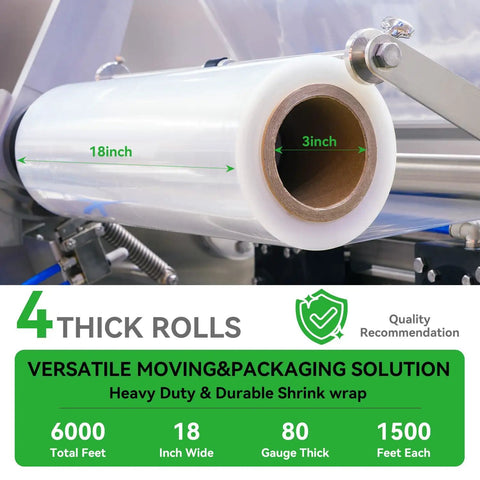 Heavy Duty 80 Gauge Plastic Stretch Wrap Roll 18 X 1500 Feet Hella Durable Shrink Film For Moving Shipping Pallet Wrapping And Furniture Protection 4 Pack With Non Slip Core, displaying 18-inch wide roll.