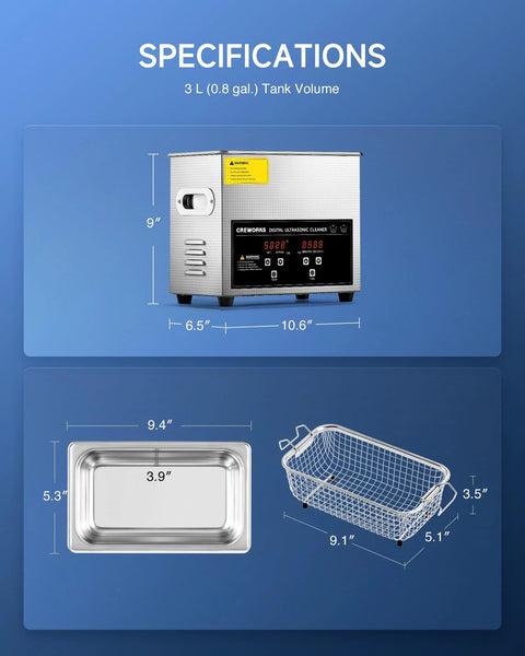 CREWORKS 3L ultrasonic cleaner with digital controls; stainless steel unit with tray and wire basket