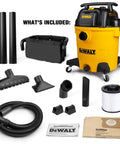 DeWalt wet dry shop vacuum with accessories, including hose, filter, and floor nozzles, for workshop and job site cleanup.