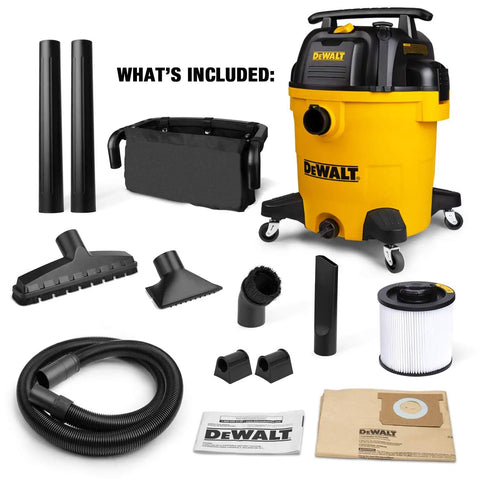 DeWalt wet dry shop vacuum with accessories, including hose, filter, and floor nozzles, for workshop and job site cleanup.
