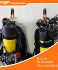Two Six Pack Heavy Duty Garage Hooks J Shaped Wall Mounted Organizer holding scuba gear with durable steel and rubber coating.