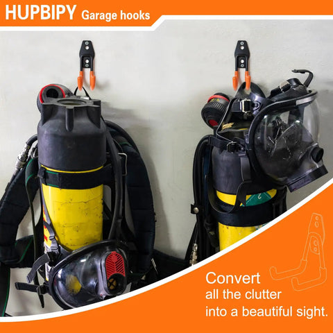 Two Six Pack Heavy Duty Garage Hooks J Shaped Wall Mounted Organizer holding scuba gear with durable steel and rubber coating.