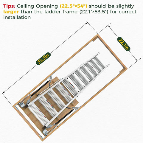 10 Ft Aluminum Attic Ladder Pull Down System For 22.5 X 54 Inch Opening, Fits Ceilings From 7 Ft 8 In To 10 Ft 3 In, Heavy Duty Attic Access With Solid Pine Rails And Reinforced Base, Smooth Operation And Easy Install. installed in 22.5x54 inch ceiling opening