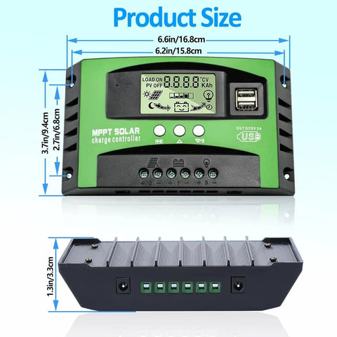 Front and top view of the Beastly 100A MPPT Solar Charge Controller For 12V And 24V Systems With LCD Display dimensions shown