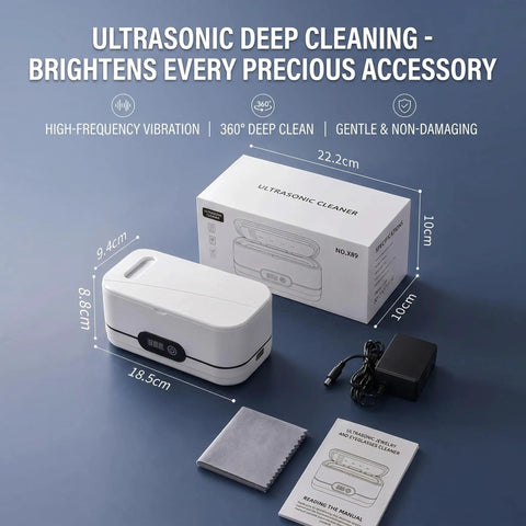 Pro Grade 45khz Ultrasonic Jewelry Cleaner That Cleans As A Whistle With Five Smart Timers And Auto Shutoff Big 400ml Stainless Steel Tub Perfect For Sparkling Up Rings Watches And Glasses Without The Hassle, displayed with dimensions and accessories.
