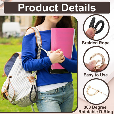 Woman holding books with a bag featuring braided rope leather keychain with rotatable D ring and zinc alloy screwdriver.