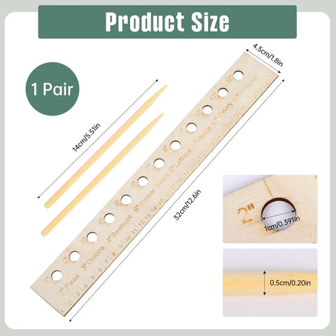Seed Spacers Planting Tool Garden Seed Planter Ruler With 2 Wooden Stakes showing size details and measurement points
