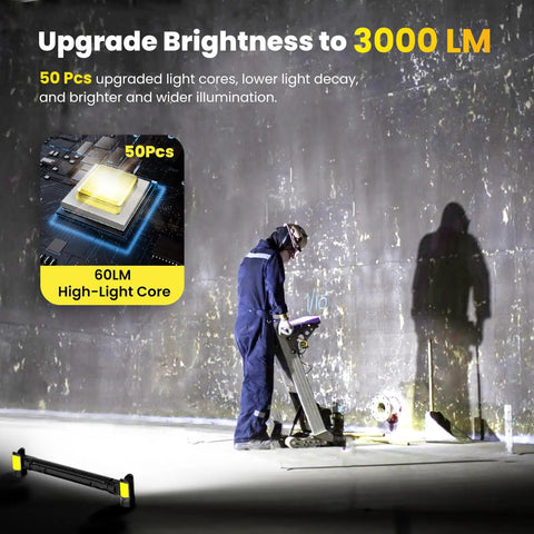 Person working under bright Ultra Bright 3000 Lumen LED Work Light With Magnetic Base And Hooks, Cordless 5200mAh Battery For Auto Pros.