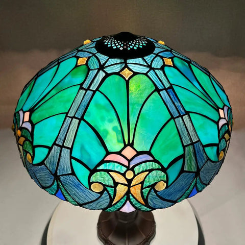 16-Inch Wide Victorian Style Stained Glass Lampshade For Table And Floor Lamps Handcrafted Real Leaded Glass Shade With Rich Jewel Tones Vintage Inspired Lighting Accessory featuring sea green stained glass with jewel tones.