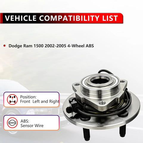 Pair Front Wheel Hub Bearing Assembly For Dodge Ram 1500 2002 2003 2004 2005, 5 Lug, 4 Wheel ABS Replacement Kit, front view